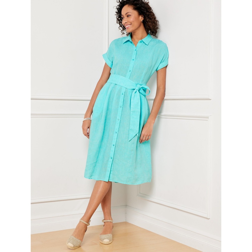 Talbots Sutton Midi Shirtdress Cross Dye Linen Sz 16P Coastal Preppy Office NWT